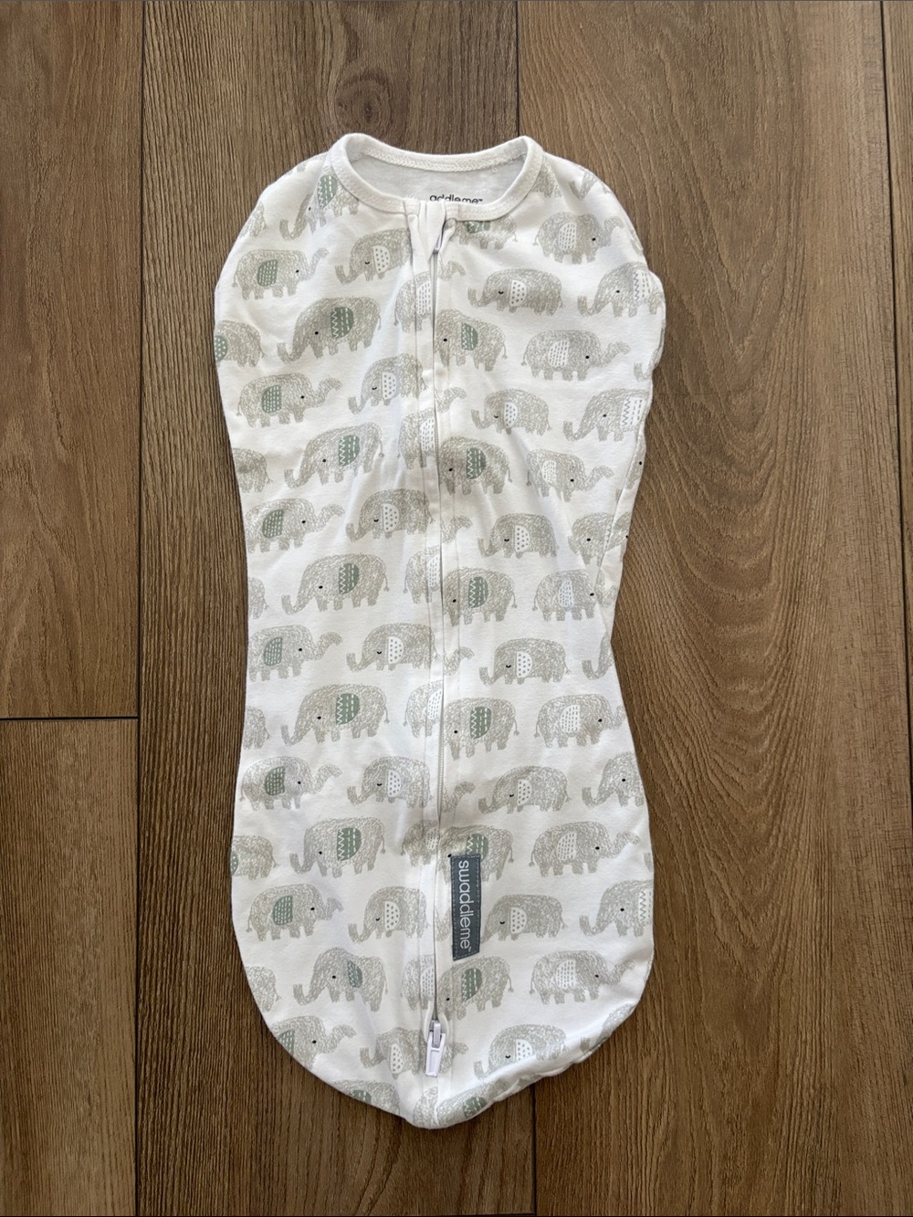 SwaddleMe White Swaddle with Light Gray and Sage Elephant Print